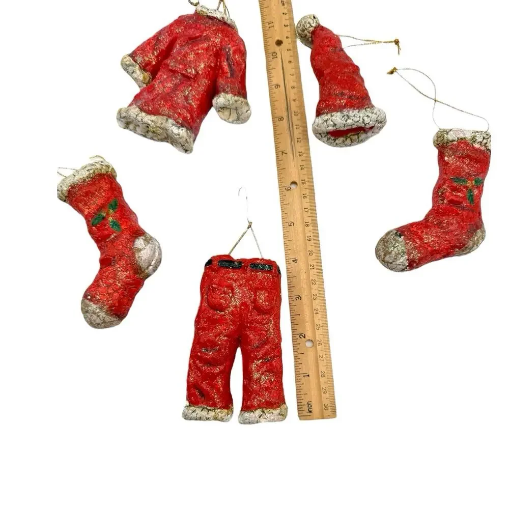 Set of 5 Santa Clothes Christmas Ornaments Red White Resin‎ Light Glitter EUC